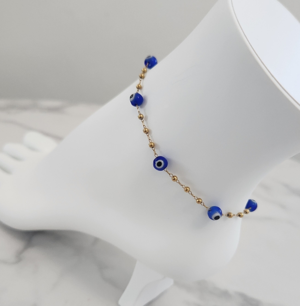 Modern Style Beaded Blue Evil Eye 18K Gold Plated Bracelet - Picture 5 of 11
